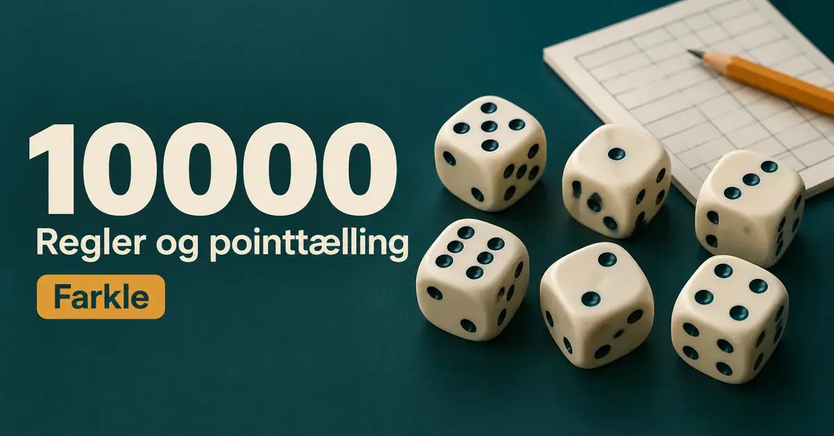 Seks terninger ved et scoreark og en blyant på en mørkegrøn baggrund med teksten »10000 – Regler og pointtælling – Farkle«.