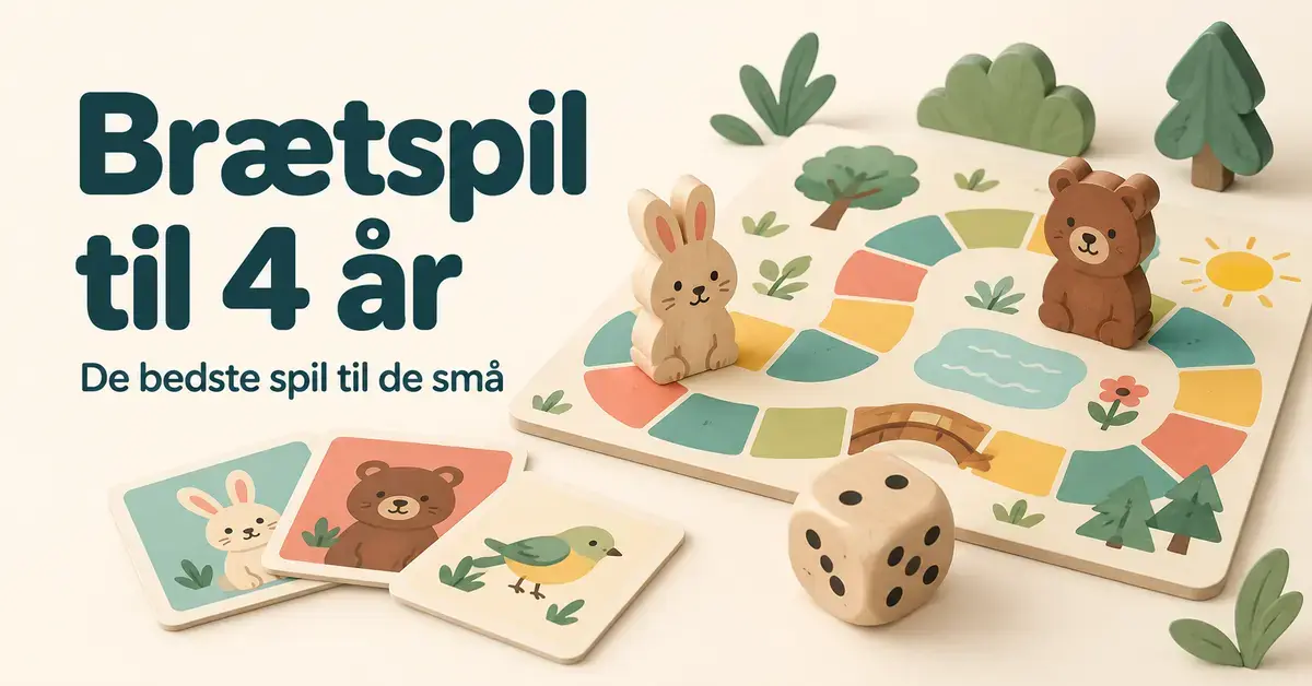 Farverigt brætspil med dyrefigurer, terning og billedkort samt teksten »Brætspil til 4 år – De bedste spil til de små«.