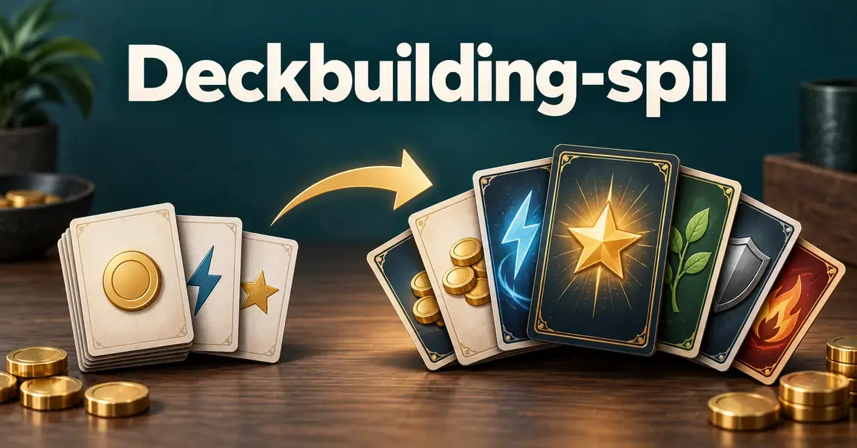 Illustration af deckbuilding, hvor en lille bunke startkort via en pil bliver til en større samling stærke kort med symboler for mønter, handlinger og point.