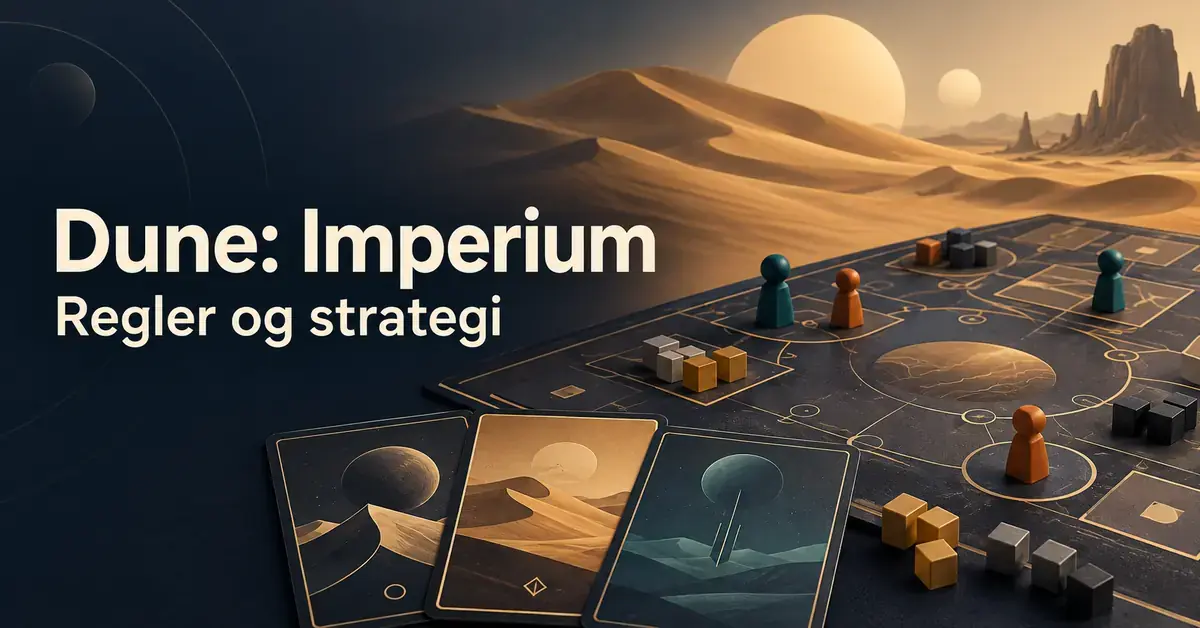 Illustration af kort, spillebrikker og ressourcer på et spillebræt foran gyldne ørkenklitter med teksten »Dune: Imperium – Regler og strategi«.