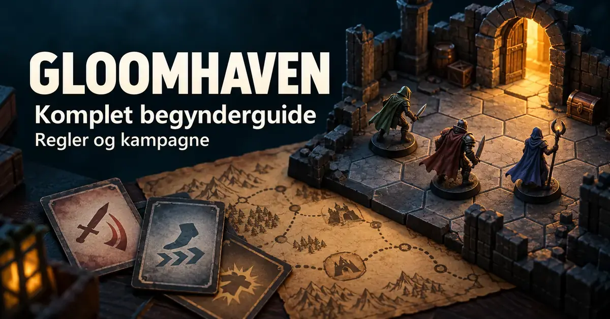 Illustration af tre eventyrfigurer på et sekskantet fangekælderbræt med handlingskort og kampagnekort samt teksten »Gloomhaven – Komplet begynderguide – Regler og kampagne«.