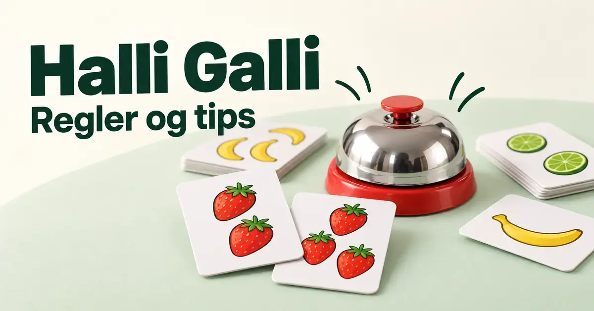 Illustration af en klokke omgivet af frugtkort med jordbær, bananer og lime samt teksten »Halli Galli – Regler og tips«.