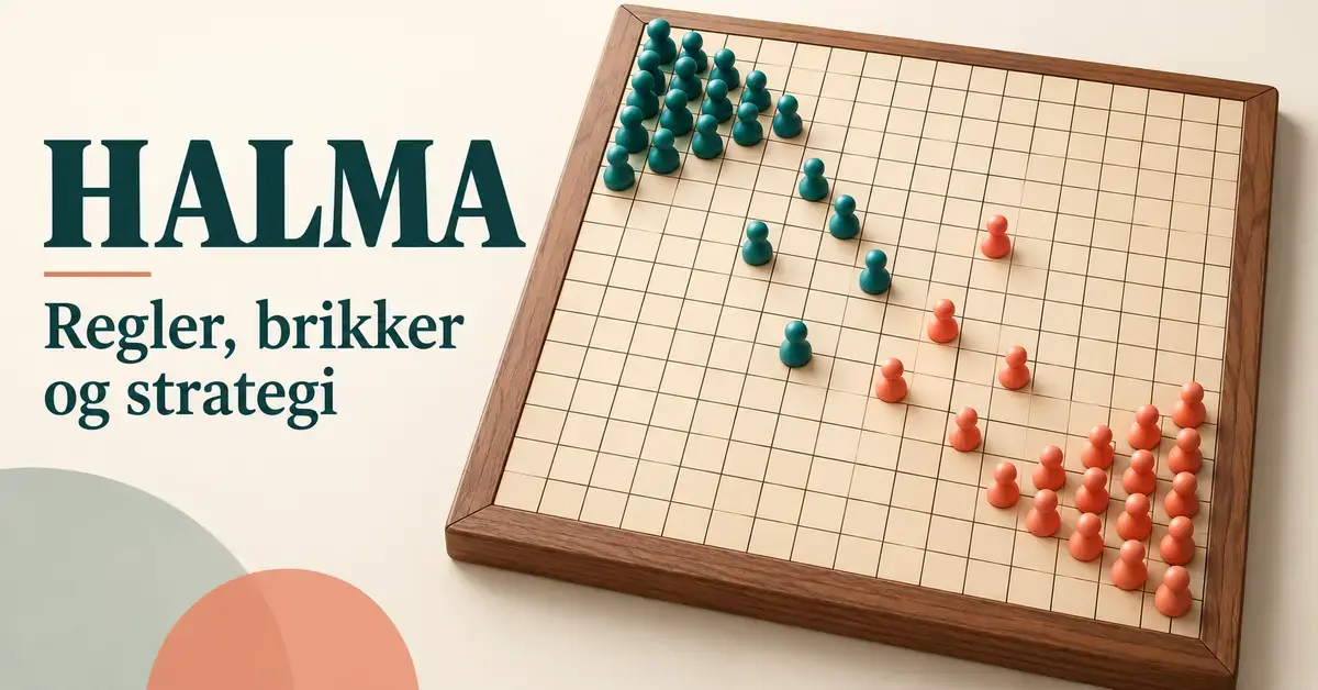 Halmabræt med grønne og koralfarvede brikker i modsatte hjørner og teksten »Halma – Regler, brikker og strategi«.