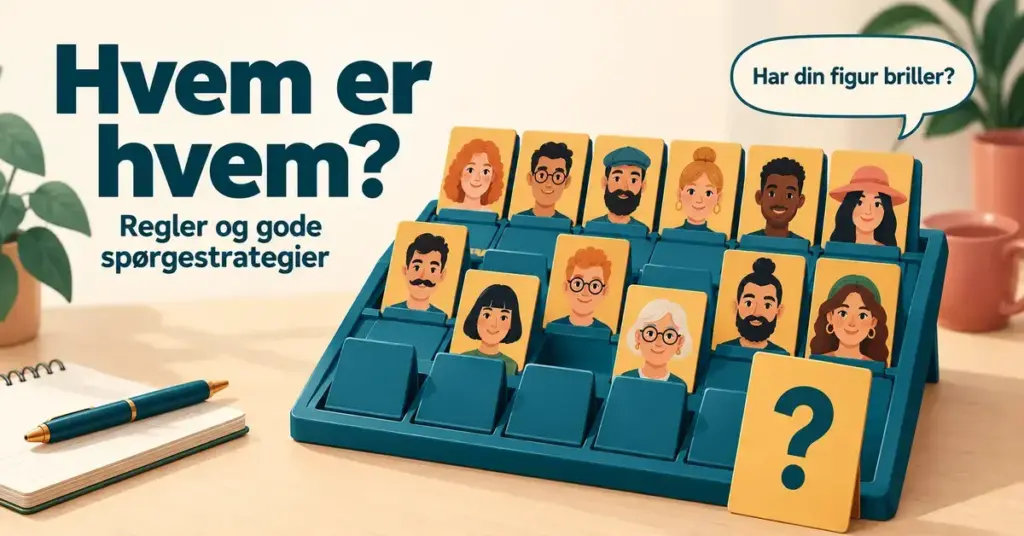 Illustration af Hvem er hvem? med en spilleplade med forskellige ansigter, et hemmeligt kort og spørgsmålet »Har din figur briller?«.