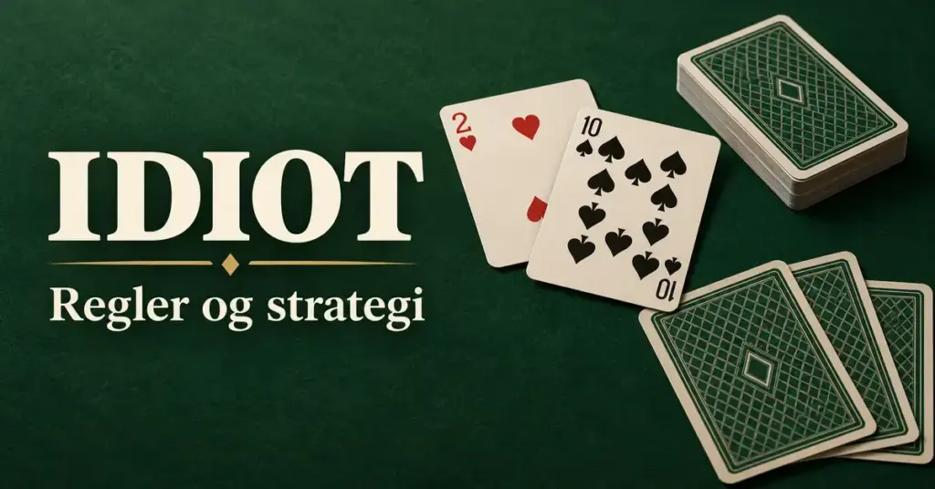 Spillekort på en mørkegrøn baggrund med teksten »IDIOT – Regler og strategi«.