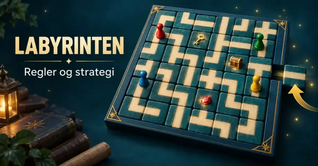 Illustration af et magisk labyrintspil med flytbare fliser, fire farvede spillebrikker og skjulte skatte ved siden af teksten »Labyrinten – Regler og strategi«.