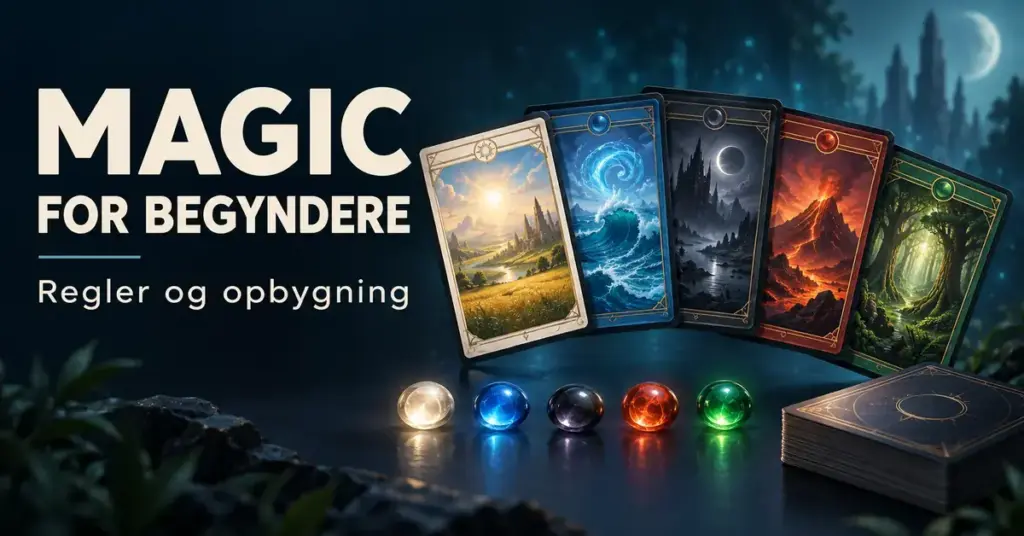 Fem fantasykort og lysende kugler i manaens fem farver ved siden af teksten »Magic for begyndere – Regler og opbygning«.