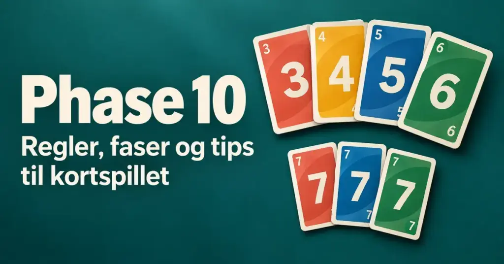 Grafik med teksten »Phase 10 – Regler, faser og tips til kortspillet« og farverige talkort i en talrække og et sæt med tre syvere på en mørkegrøn baggrund.