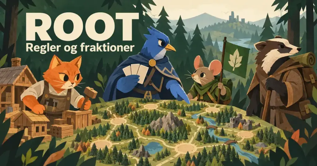 Illustration til Root med en kat, en blå fugl, en mus med et grønt banner og en vandrende grævling omkring et skovkort under teksten »Root – Regler og fraktioner«.