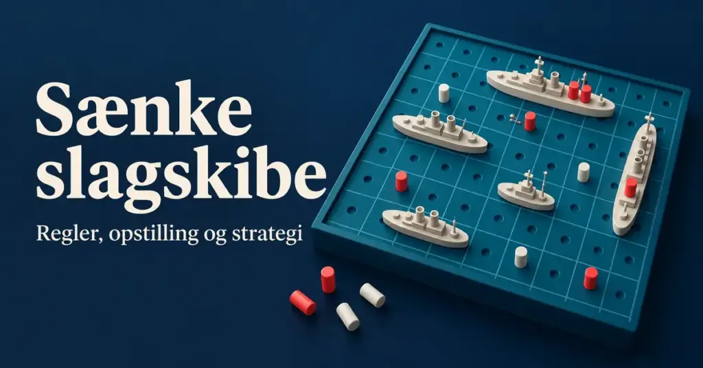 Illustration af Sænke slagskibe med lyse skibe og røde og hvide markører på et blåt spillebræt samt teksten »Sænke slagskibe – Regler, opstilling og strategi«.