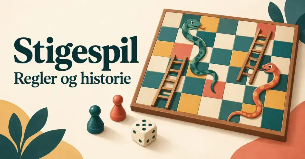 Illustration af et stigespil med stiger, slanger, spillebrikker og en terning ved siden af teksten »Stigespil – Regler og historie«.