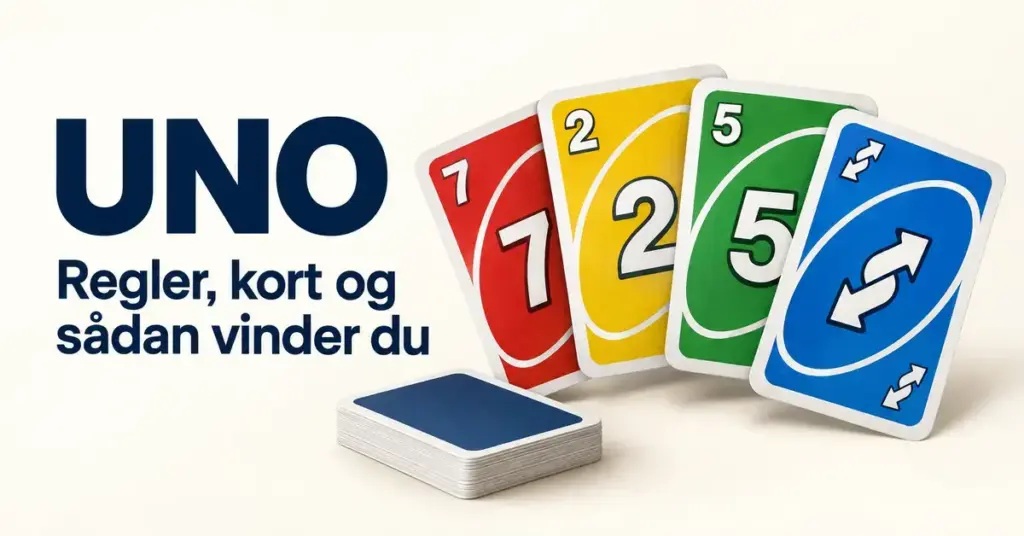 Farverige spillekort med tal og vendesymbol ved siden af teksten »UNO – Regler, kort og sådan vinder du« på en lys baggrund.