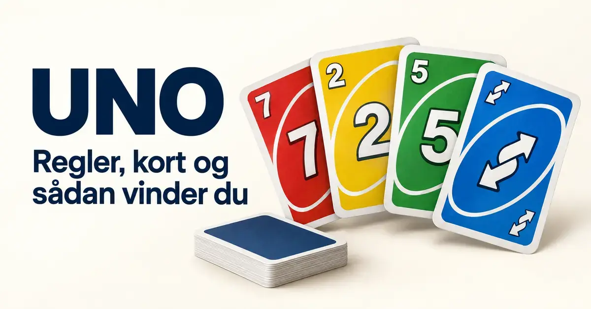 Farverige spillekort med tal og vendesymbol ved siden af teksten »UNO – Regler, kort og sådan vinder du« på en lys baggrund.
