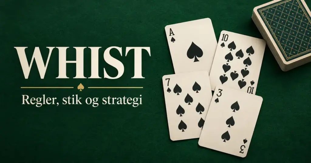 Fire sparkort og en kortbunke på et grønt spillebord med teksten »Whist – Regler, stik og strategi«.